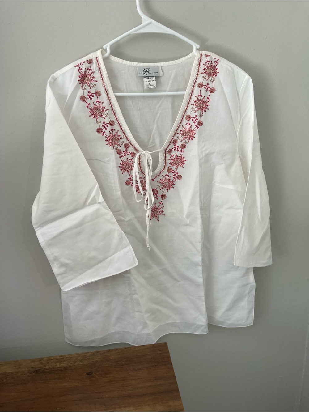 Byer California White Tunic with Pink Embroidered V-Neck
